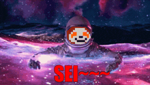 a picture of an astronaut with the word sei in red letters