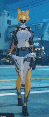 a video game character is standing in front of a building that says few