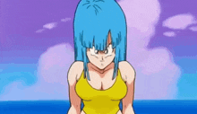 a cartoon girl with blue hair and a yellow top is standing in front of a body of water .