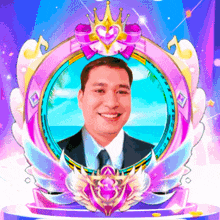 a man in a suit and tie is smiling in a pink and blue frame