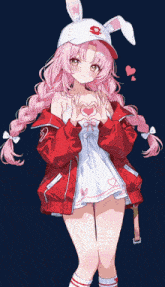 a girl with pink hair is wearing a red jacket and a white hat with bunny ears