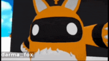 a cartoon fox with a black mask on its head is standing in front of a blue sky .
