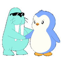 a penguin and a walrus wearing sunglasses are hugging each other