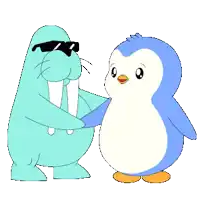 a penguin and a walrus wearing sunglasses are hugging each other
