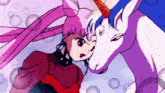 a cartoon of a girl and a unicorn with bubbles in the background