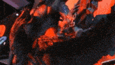 a close up of a painting of a monster with a red background .