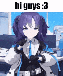 a girl with purple hair is standing in front of a computer and says hi guys : 3