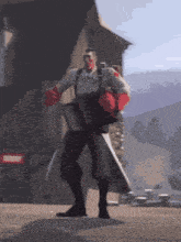 a pixel art of a man with red gloves