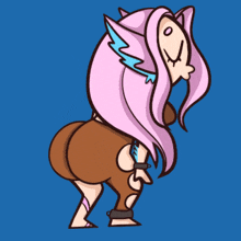 a cartoon of a woman with pink hair and brown shorts