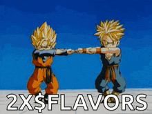 a couple of cartoon characters standing next to each other with the words " 2x $ flavors " written below them
