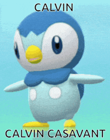 a cartoon penguin with the name calvin casavant on it