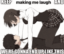 a girl is laying on top of a man with a caption that says making me laugh