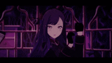 a girl with purple hair and red eyes is standing in a dark room with a purple background .
