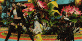 a group of people are standing in front of a floral background