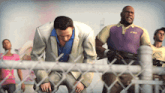 a man in a purple shirt that says r.h.s. is standing next to a man in a white suit