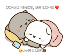 a cartoon of two cats laying on a bed with the words good night my love jarbear