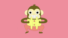 a cartoon monkey is squatting down with a yellow shirt on