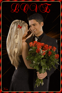 a man is holding a bouquet of red roses and a woman is touching his face with her hand