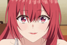 a close up of a red haired anime girl with purple eyes