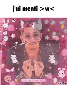 a picture of a man with a cat on his face and the words i 'ai menti > w < on the bottom