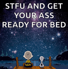 a cartoon of charlie brown and snoopy sitting on a dock looking at the stars