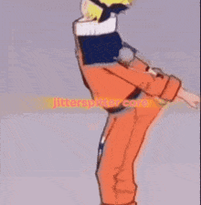 a cartoon of a man in an orange jumpsuit is standing on one leg and holding a gun .