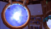 a blue light is shining through a round window in a room