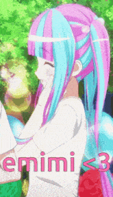 a girl with blue and pink hair is standing next to a sign that says emimi < 3