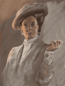a painting of a woman wearing a hat and holding a cigarette in her hand .