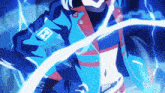 a person in a blue jacket with the letter r on it