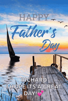 a father 's day card with a dock and a boat in the water
