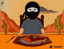 a cartoon of a ninja sitting at a table with a plate of meat