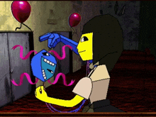 a cartoon drawing of a person holding a blue balloon