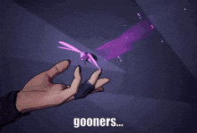 a hand is holding a purple flame and the word gooners is written below it
