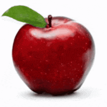 a single red apple with a green leaf on it