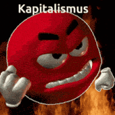 a red smiley face with the word kapitalismus in the background