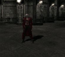 a man in a red coat is surrounded by green smoke and the word royal is on the floor