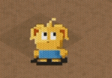 a pixel art drawing of a cartoon character wearing a blue shirt
