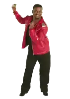 a man in a red jacket and black pants is dancing on a white background