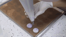 a person is piping purple frosting onto a tray that says made in animatica on the bottom