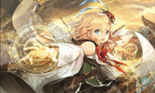 a girl with blonde hair and blue eyes is surrounded by a circle that says ' e ' on it