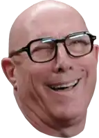 a bald man with glasses is smiling and making a funny face