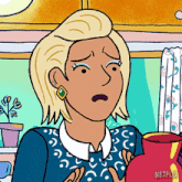a cartoon of a woman holding a vase with a netflix logo on the bottom right