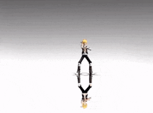 a cartoon character is standing on a white surface with a reflection of himself .