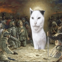 a painting of soldiers and a cat with a sword in front of it