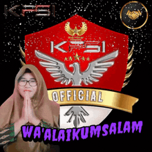 a woman is standing in front of a logo that says " official "