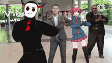 a man in a suit stands next to a girl in a school uniform and a man in a mask with horns