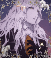 a picture of a man with long white hair holding a croissant with a unicorn flying in the background