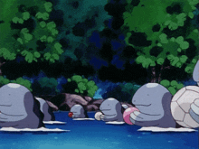 a group of cartoon characters are sitting in a body of water