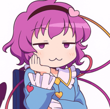 a girl with purple hair and a heart on her head